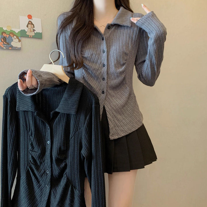 Damen Modische Rippstrickbluse mit langen Ärmeln Drune