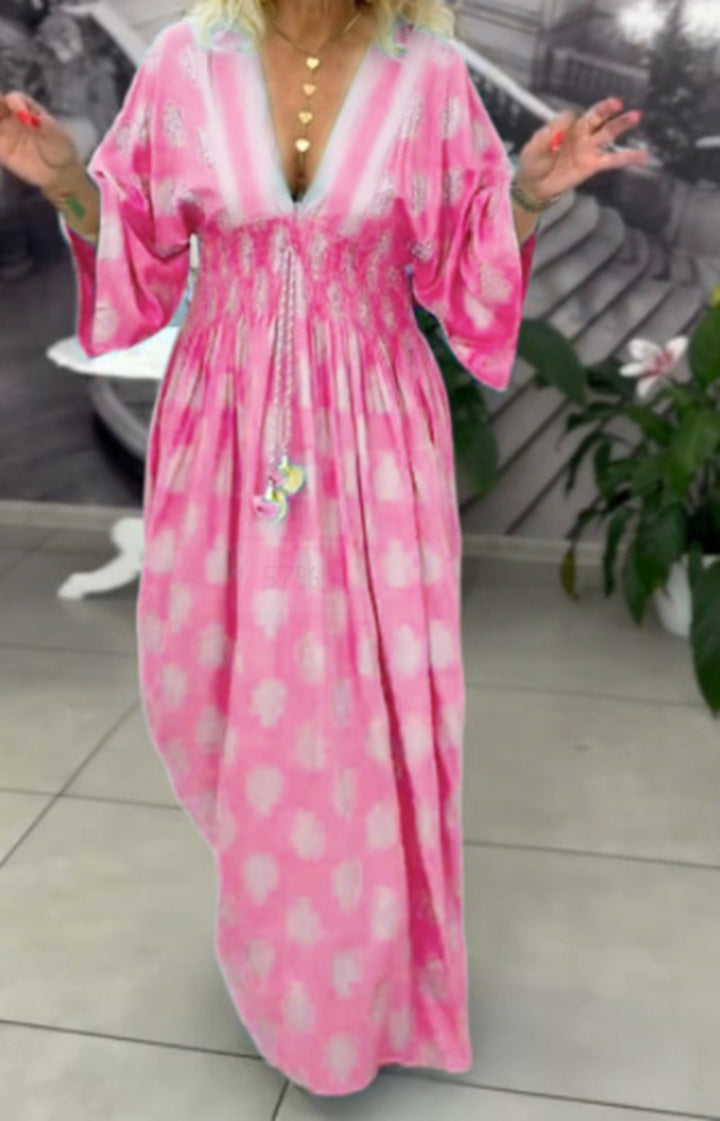 Damen nan gerafftes Maxikleid mit Smok-Taille, Kimonosärmeln und Zierquaste Drune