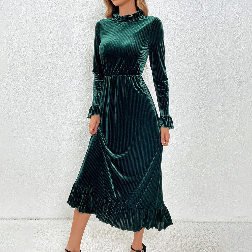 Damen Midikleid aus plissiertem Samt mit Stehkragen geraffter Taille und Volant-Saum Drune