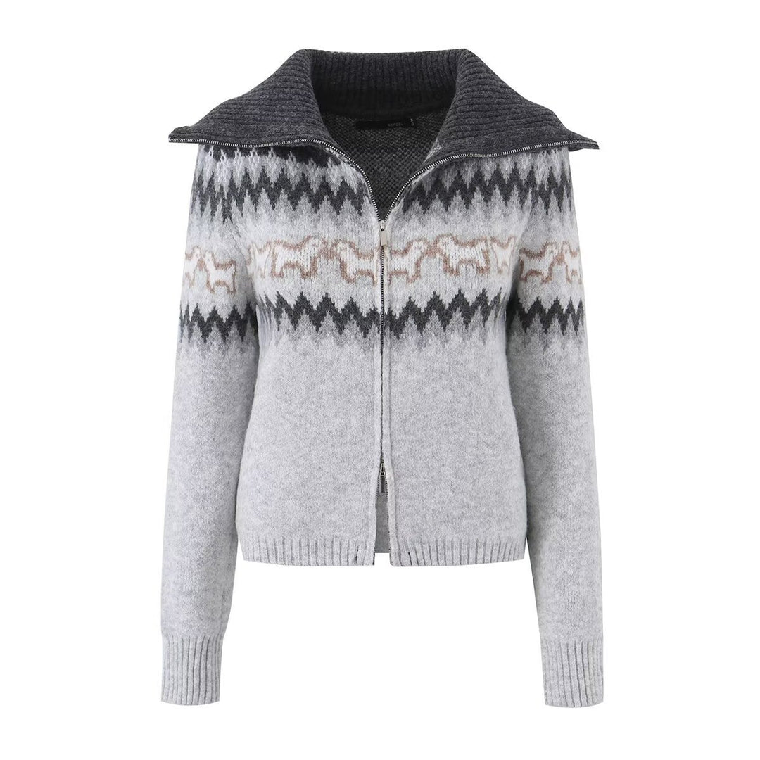 Damen Gestrickte Zip-Cardigan mit Norwegermuster und extra breitem Umlegekragen Drune
