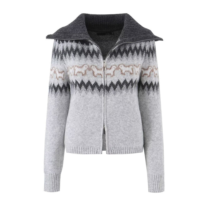 Damen Gestrickte Zip-Cardigan mit Norwegermuster und extra breitem Umlegekragen Drune