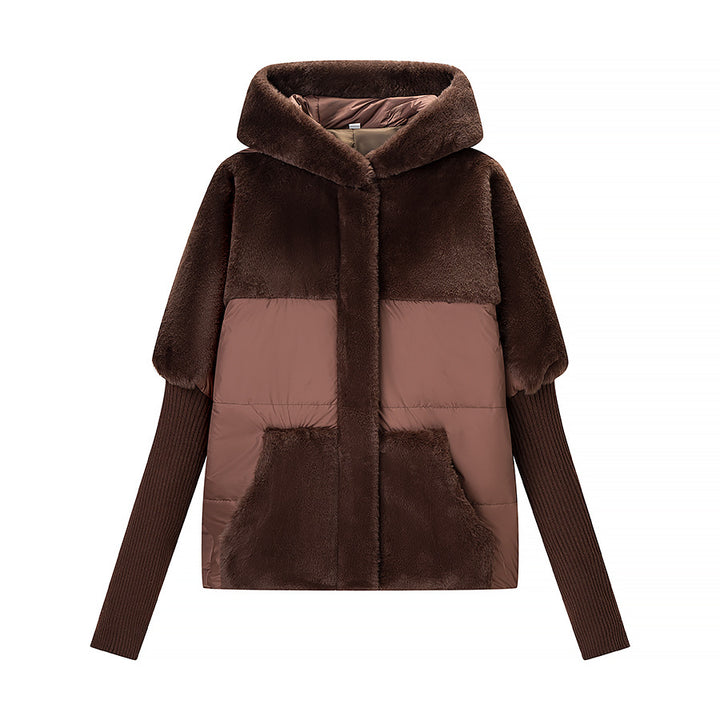 Damen Kurz geschnittene gesteppte Kapuzenjacke mit voluminösem Webpelzbesatz und Oversize‑Silhouette Drune