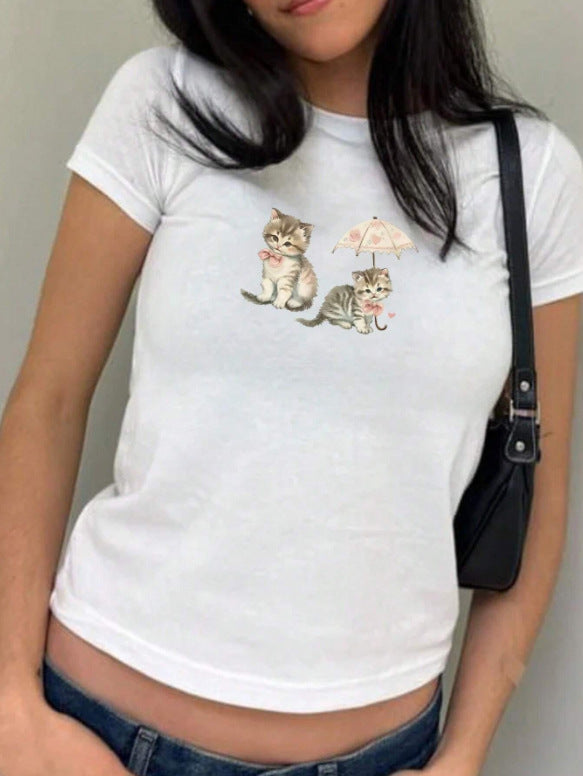Damen Crop-T-Shirt mit kreativem Skelettdesign und inspirierendem Schriftzug Drune