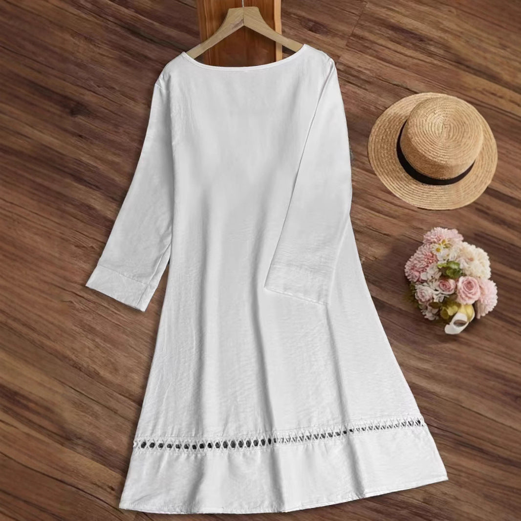 Damen lässiges Sommerkleid mit elegantem Häkelkragen und durchgehendem Schnitt Drune