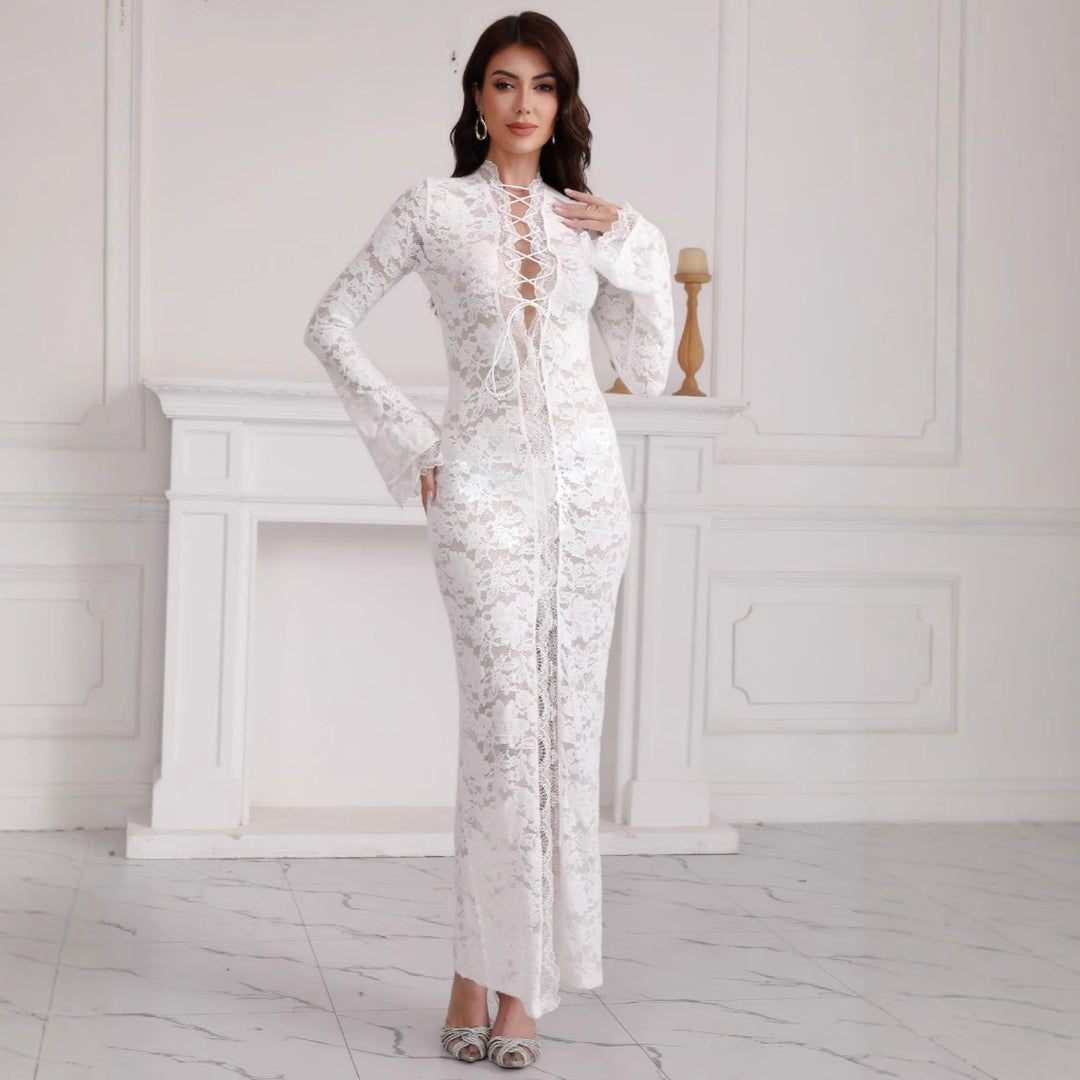 Damen Spitzenmaxikleid mit Schnürung und hohem Beinschlitz Drune