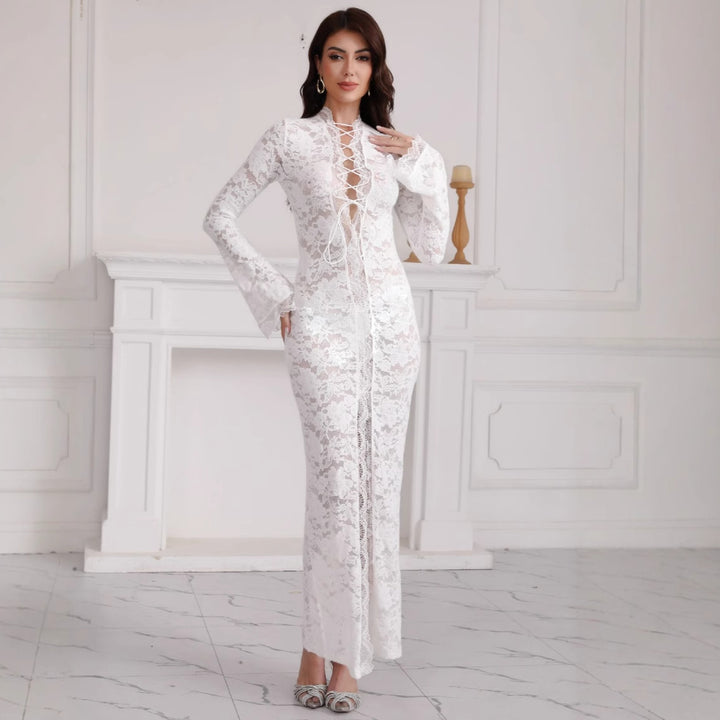 Damen Spitzenmaxikleid mit Schnürung und hohem Beinschlitz Drune
