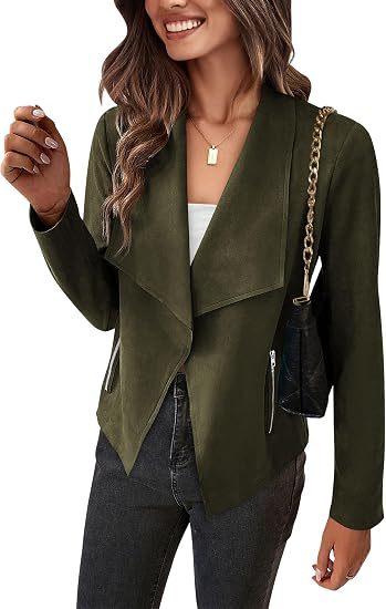 Damen Velourslederimitat-Wasserfallblazer mit asymmetrischem Saum und Reißverschlusstaschen Drune