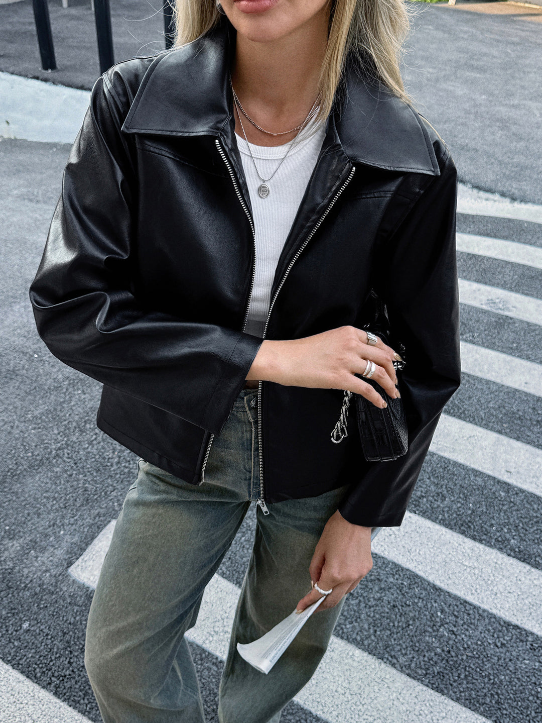 Damen nan elegante Kunstlederjacke mit Reißverschluss, Hemdkragen und Eingrifftaschen Drune