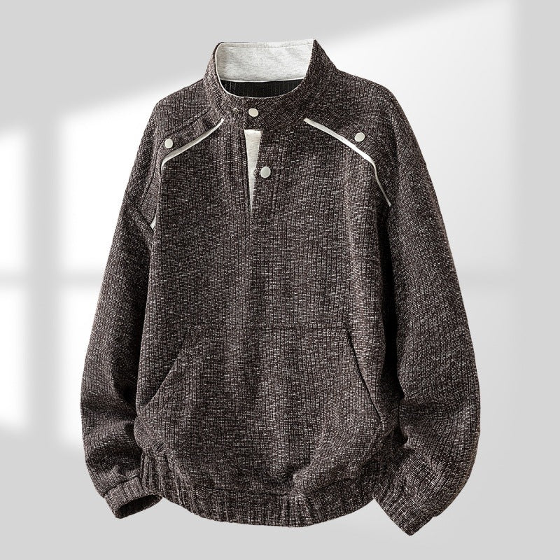 Herren Oversize Struktur-Halbzip-Strickpullover mit Stehkragen, Druckknopfblende & Kängurutasche Drune