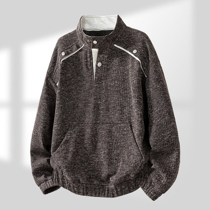 Herren Oversize Struktur-Halbzip-Strickpullover mit Stehkragen, Druckknopfblende & Kängurutasche Drune