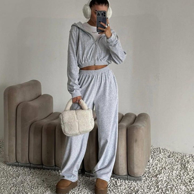 Damen Cropped-Samt-Trainingsset mit verkürzter Reißverschluss-Kapuzenjacke und fließender Palazzo-Jogginghose Drune