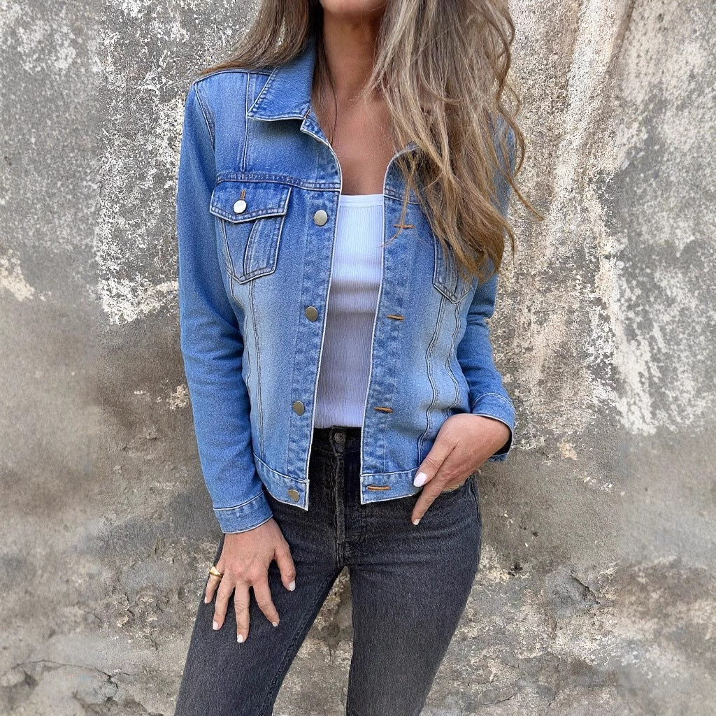 Damen Denimjacke im klassischen Schnitt mit modischen Knöpfen und stylischen Taschen Drune