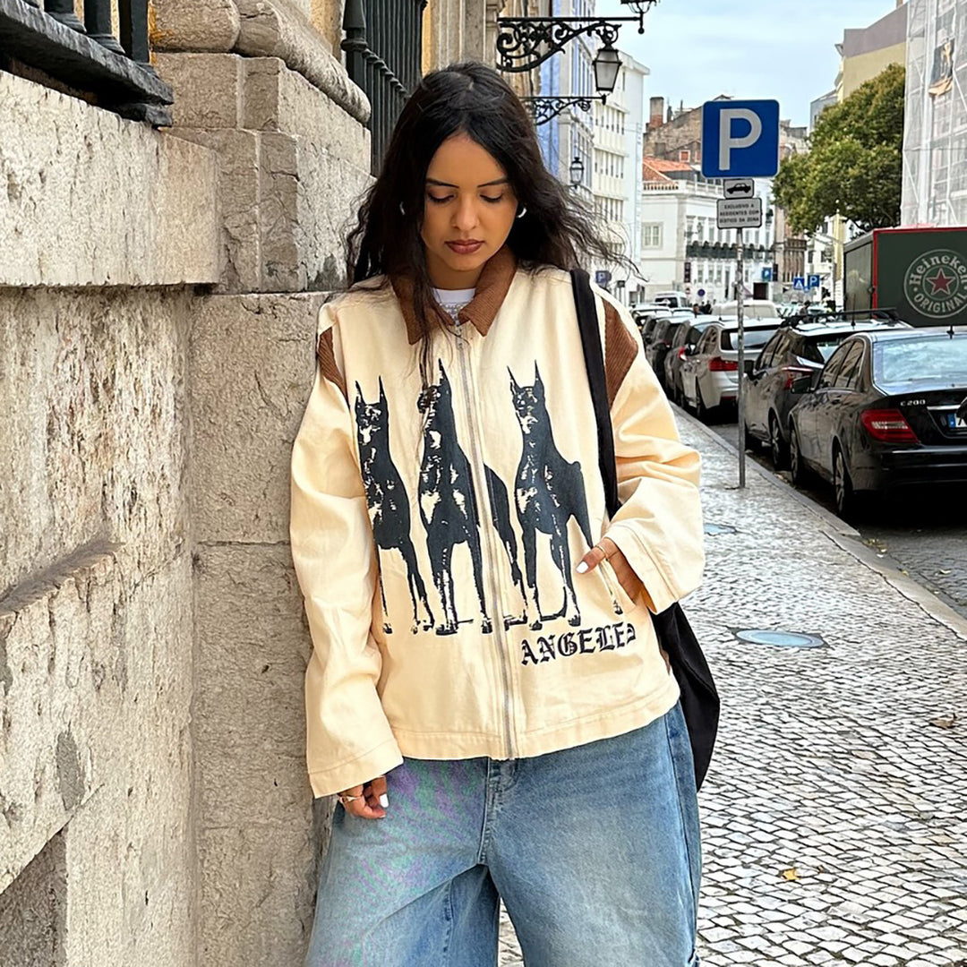 Damen Streetwear-Jacke mit einzigartigem Hunde-Print und lässigen Schnitten Drune