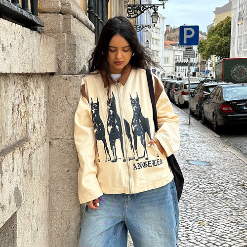 Damen Streetwear-Jacke mit einzigartigem Hunde-Print und lässigen Schnitten Drune