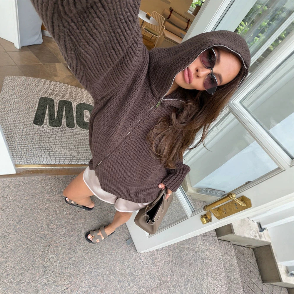 Damen Grobstrick-Zip-Cardigan mit hohem Kragen Drune