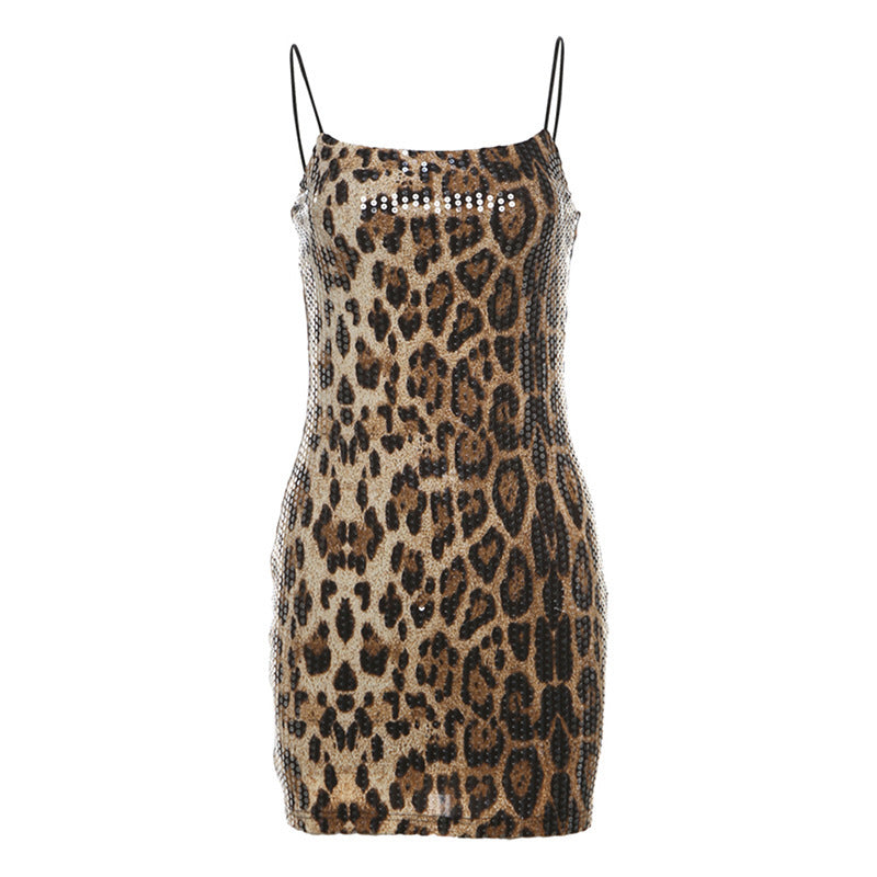 Damen Elegantes Leopardenmuster Kleid mit Glitzersteinen Drune
