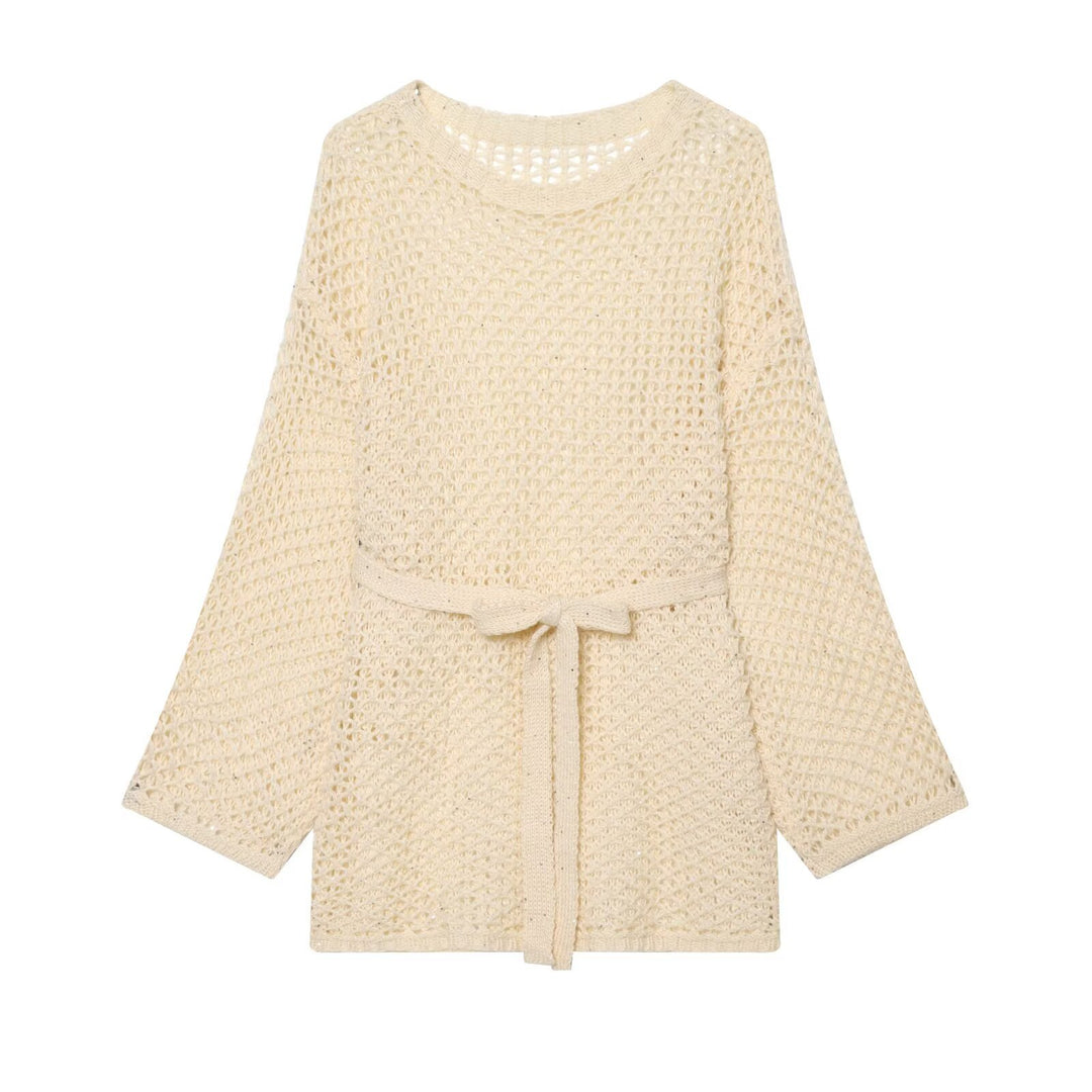 Damen Lockerer Häkelcardigan mit Taillengürtel und 3/4-Ärmeln Drune