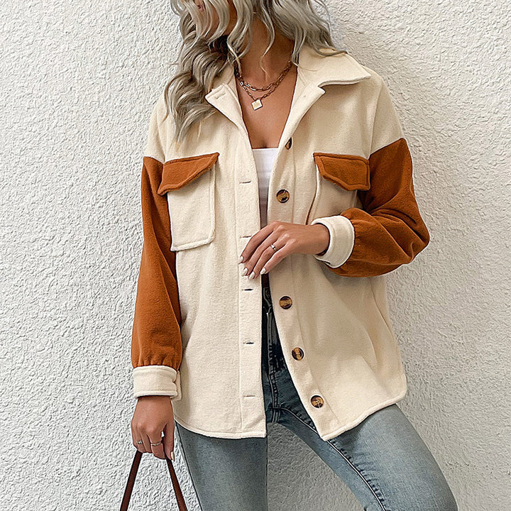 Damen weite Hemdjacke aus Teddyfleece mit Kontrastärmeln und aufgesetzten Taschen Drune
