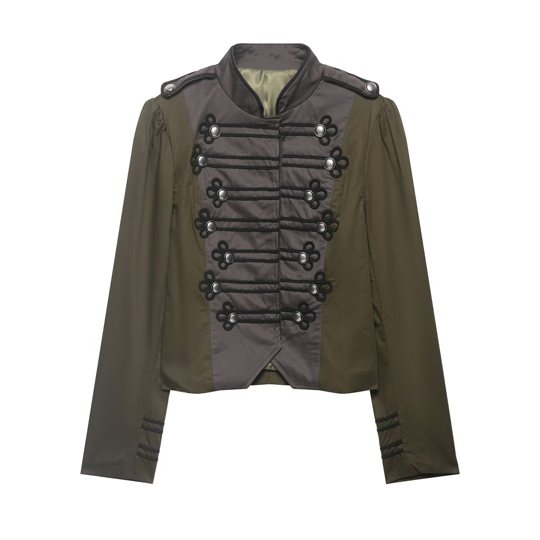 Damen Militärinspirierte Kurzjacke mit Zierkordeln, Stehkragen und Epauletten Drune