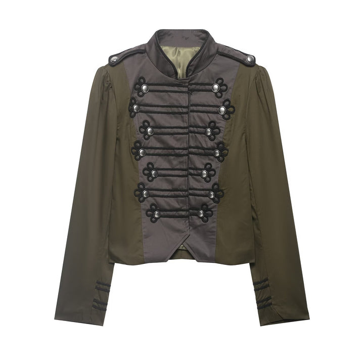 Damen Militärinspirierte Kurzjacke mit Zierkordeln, Stehkragen und Epauletten Drune