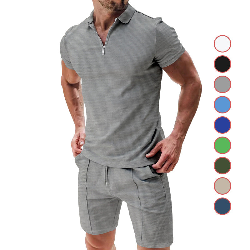 Herren nan sportives Poloshirt- und Chino-Shorts-Set mit halbem Reißverschluss, strukturiertem Jersey und dezenter Bügelfalte Drune