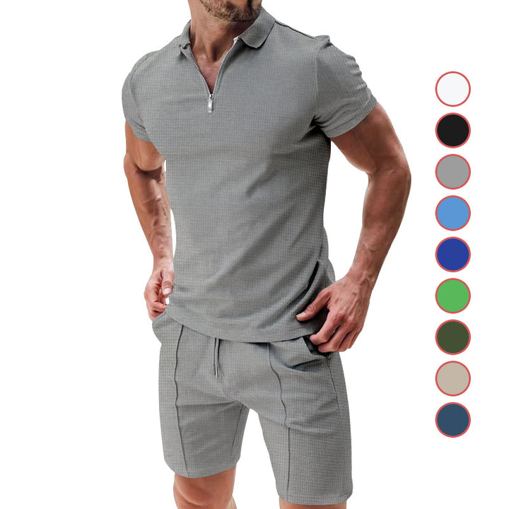 Herren nan sportives Poloshirt- und Chino-Shorts-Set mit halbem Reißverschluss, strukturiertem Jersey und dezenter Bügelfalte Drune
