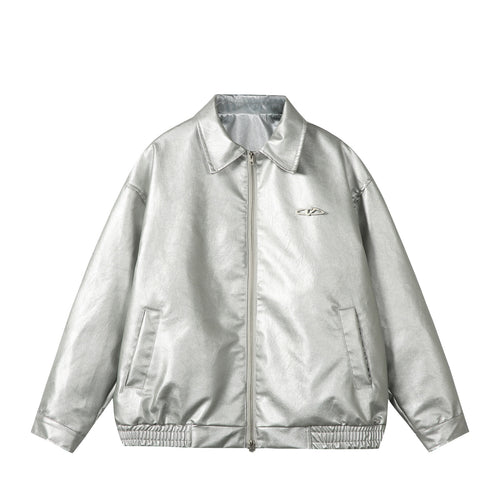 Damen Oversize Glattleder‑Optik Blousonjacke mit elastischem Saum und Metall‑Logo Drune