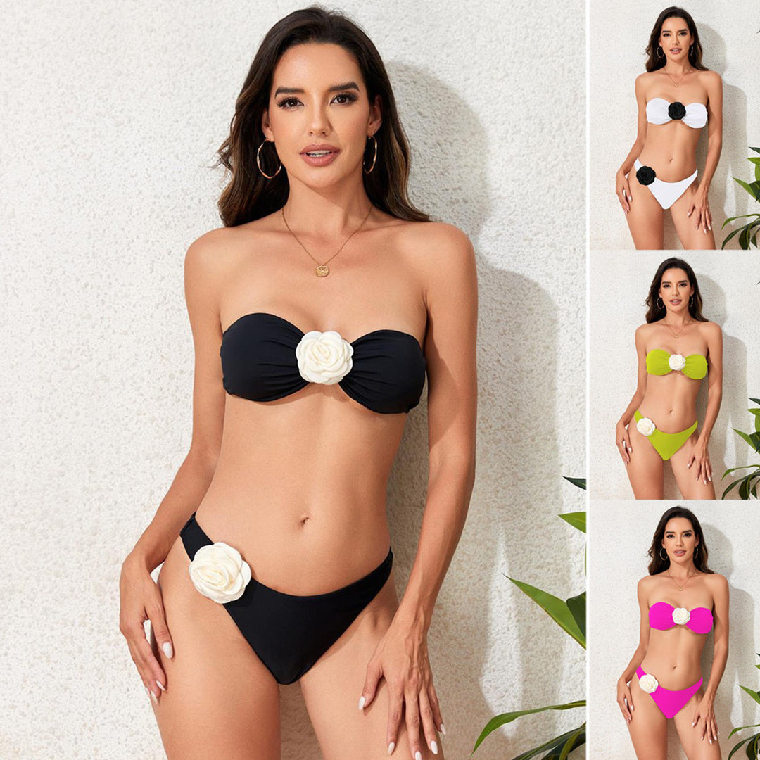 Damen Bandeau Bikini mit eleganter Blütenverzierung Drune