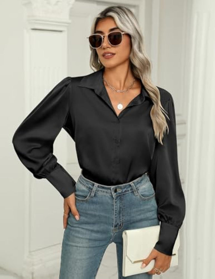 Damen Seidenoptik-Bluse mit Hemdkragen, verdeckter Knopfleiste und langen Manschetten Drune