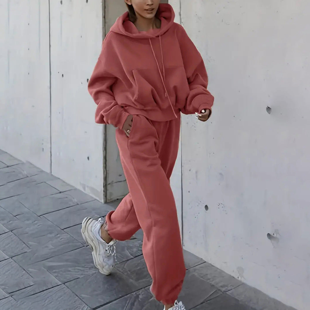 Damen kurzes Oversize-Kapuzenpullover-Set mit elastischer High-Waist-Jogginghose aus Baumwollfleece Drune