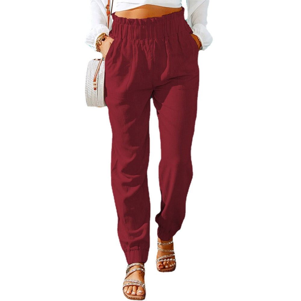 Damen Hochtaillierte Leinenoptik-Joggerhose mit elastischem Rüschbund und Eingrifftaschen Drune