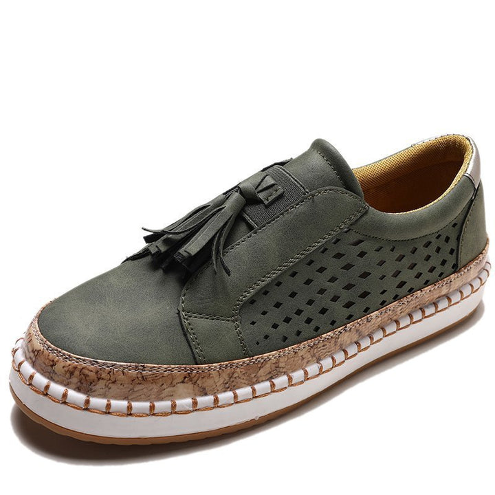 Damen perforierter Tassel-Slip-On Loafer mit Korkoptik-Plateau und gepolstertem Komfortfußbett Drune