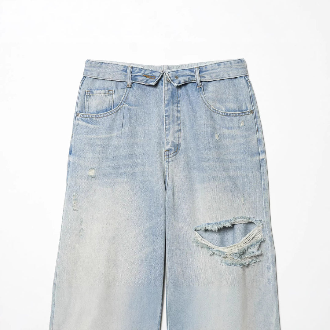 Damen nan hochgeschnittene weite Jeans mit geradem Bein, Destroyed‑Details und klassischer Five‑Pocket‑Passform Drune