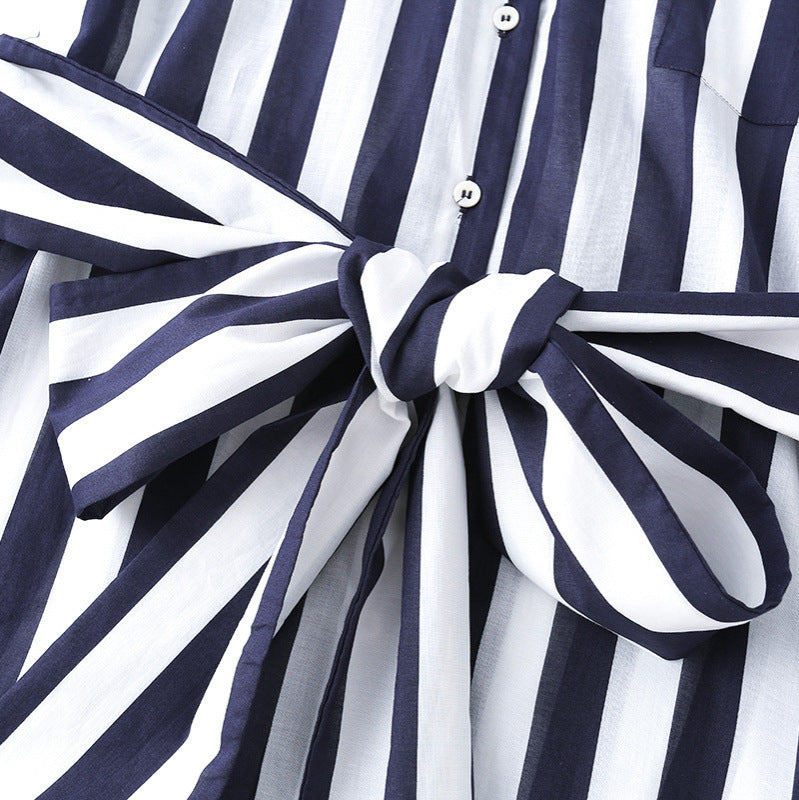 Damen Gestreiftes Hemdblusenkleid mit Taillengürtel und Langarm Drune