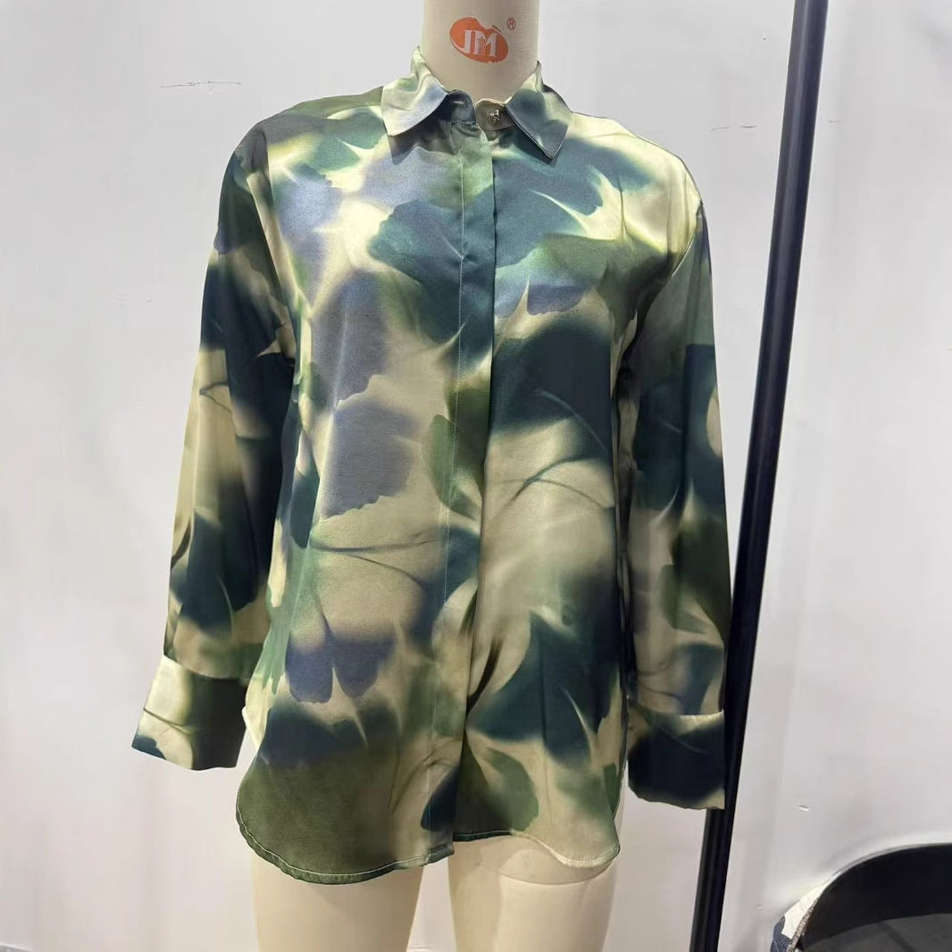 Damen nan seidige Langarm-Bluse mit verdeckter Knopfleiste, Hemdkragen und abstraktem Aquarellprint Drune