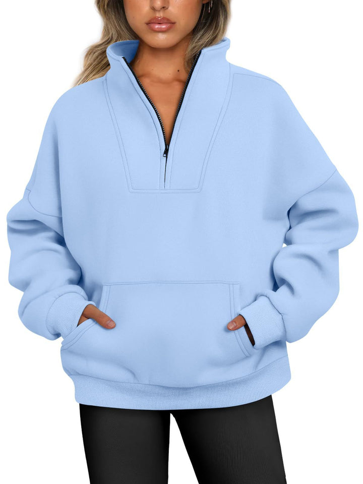 Damen nan oversized Halbzip-Hoodie mit hohem Stehkragen, Kängurutasche und gerippten Bündchen Drune