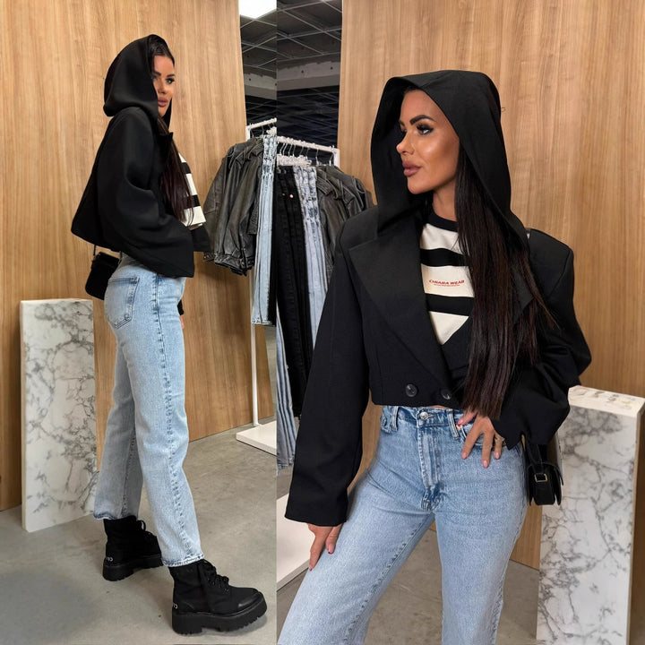 Damen Eleganter Mantel mit Kapuze und doppelter Knopfleiste Drune