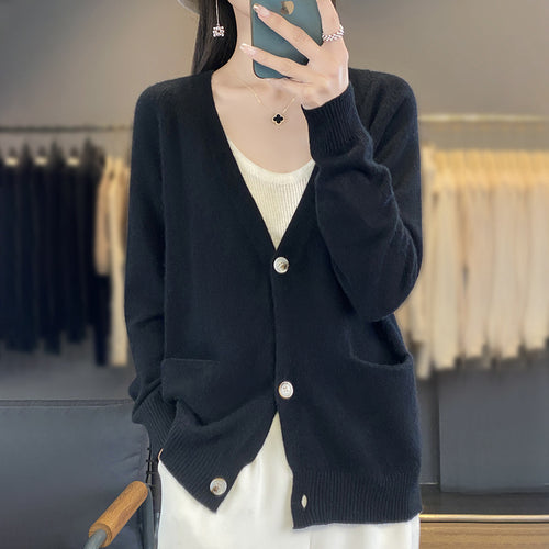 Damen Lässiger Feinstrick-Cardigan mit V‑Ausschnitt, Eingrifftaschen und breitem Rippbund Drune
