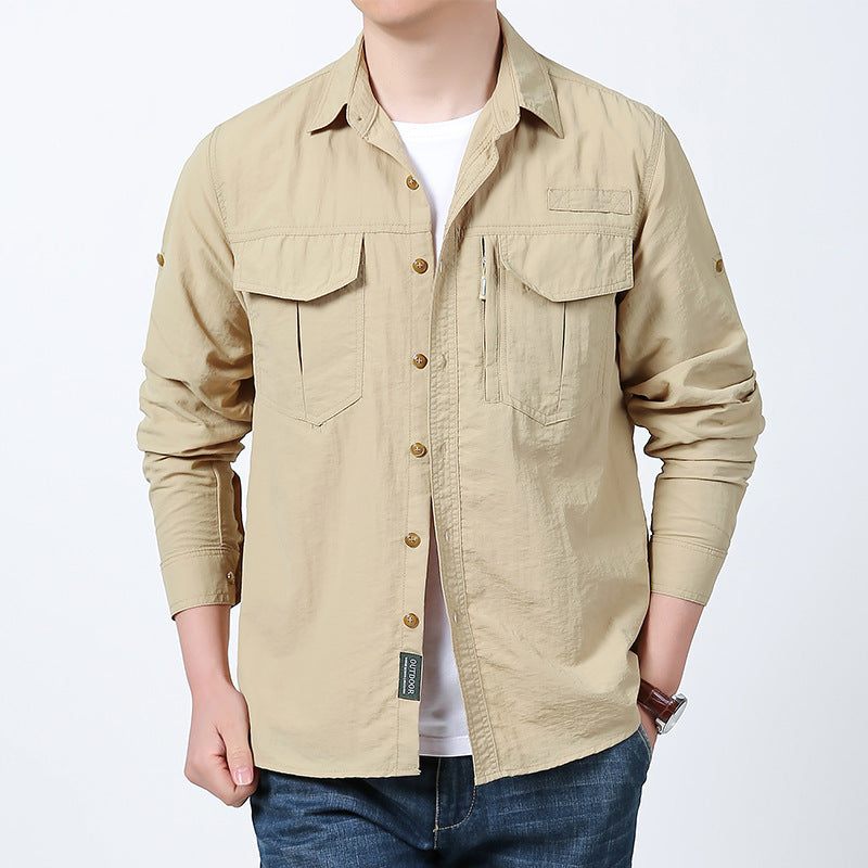 Herren nan langärmeliges Fieldshirt aus leichtem Ripstop mit multifunktionalen Brusttaschen und verdecktem Reißverschluss Drune