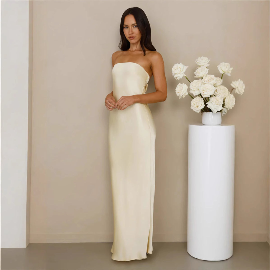 Damen Elegantes schulterfreies Maxikleid aus satinähnlichem Material Drune
