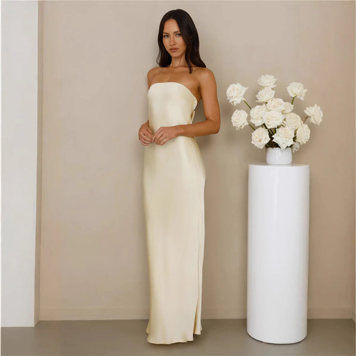 Damen Elegantes schulterfreies Maxikleid aus satinähnlichem Material Drune