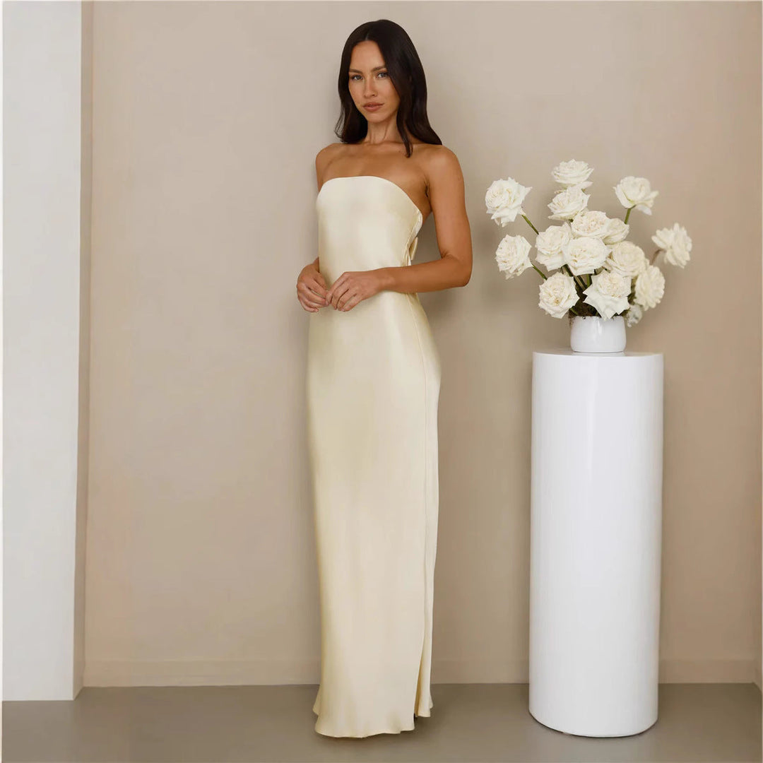 Damen Elegantes schulterfreies Maxikleid aus satinähnlichem Material Drune