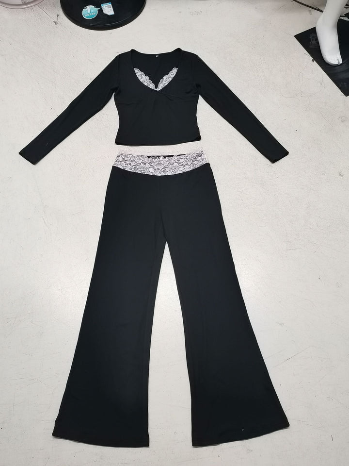 Damen nan Lounge-Set mit Spitzenbund, V-Ausschnitt und ausgestellter Schlaghose Drune