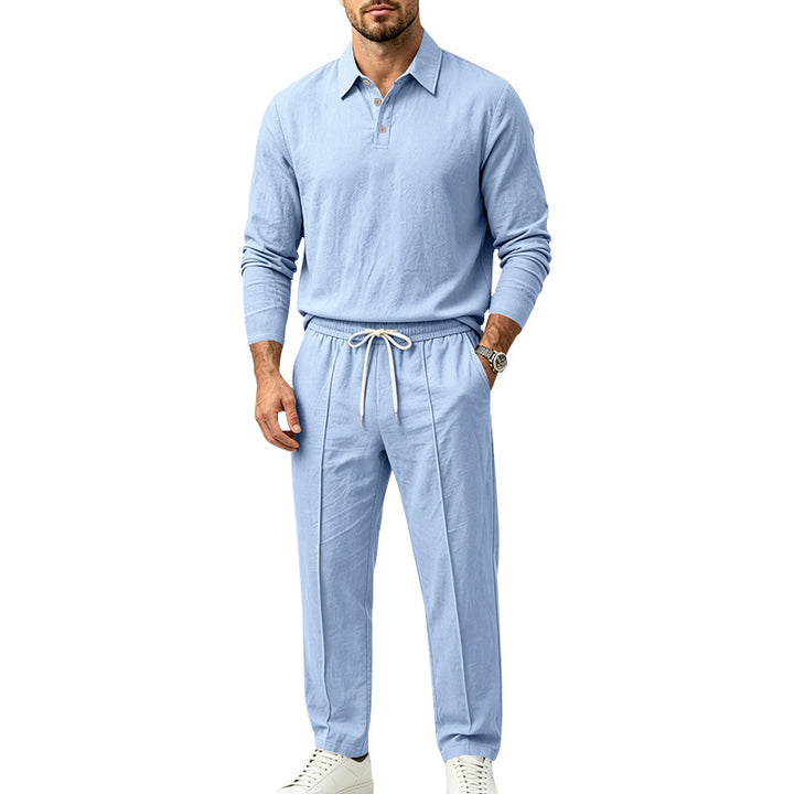 Herren Langarm-Henley-Lounge-Set aus leichter Baumwollmischung mit Kordelzug Drune