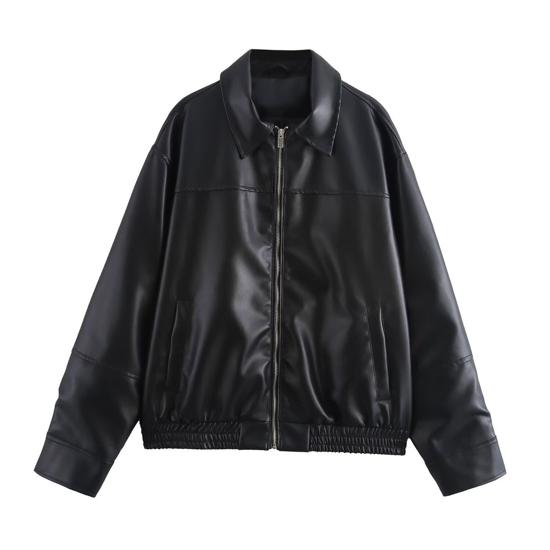 Damen Kurzjacke aus Kunstleder im Oversized-Bomberstil mit Hemdkragen und elastischem Saum Drune