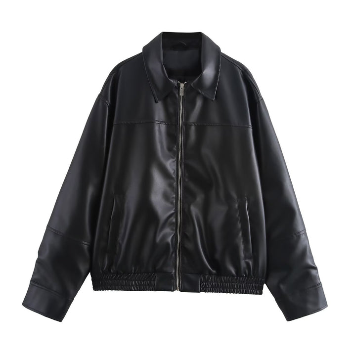 Damen Kurzjacke aus Kunstleder im Oversized-Bomberstil mit Hemdkragen und elastischem Saum Drune