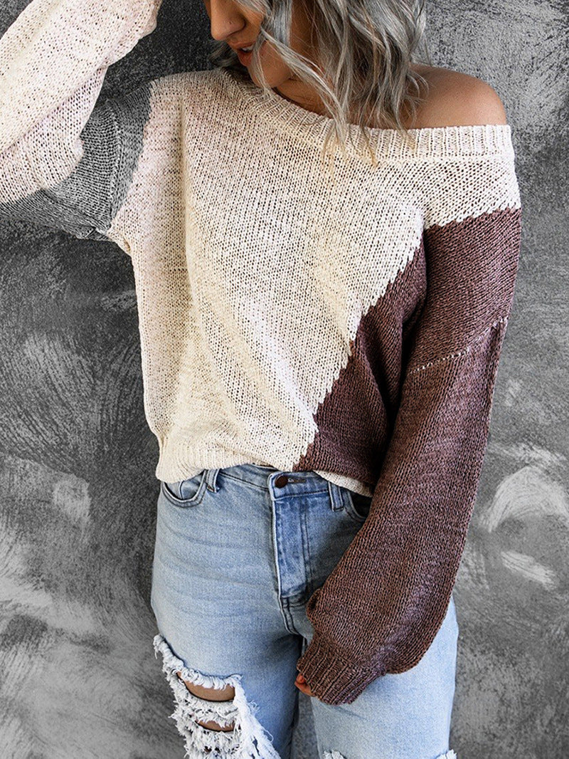 Damen Oversize Strickpullover mit Carmenausschnitt und Colorblock-Design Drune