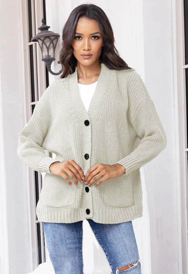 Damen modische Strickjacke mit durchgehendem Knopfverschluss und großen Taschen Drune