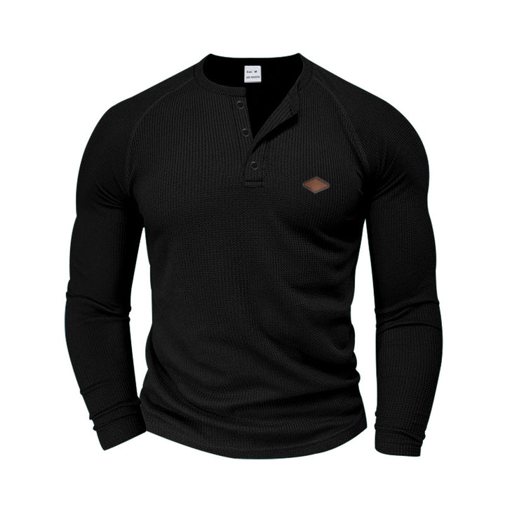 Herren nan strukturiertes Waffel-Henleyshirt mit kurzer Knopfleiste Raglanärmeln und Lederpatch Drune