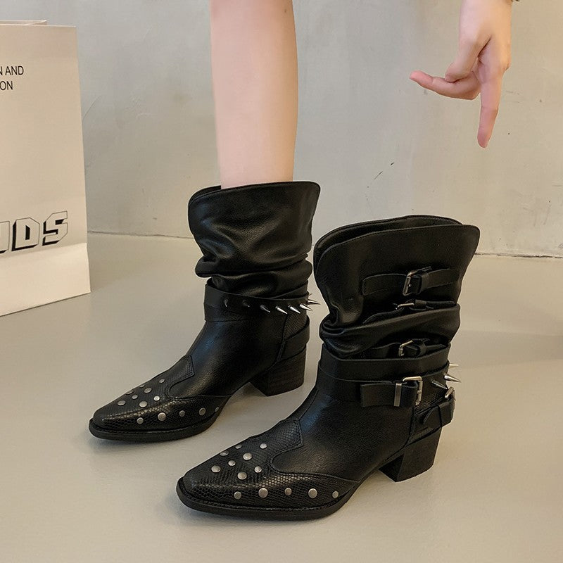 Damen Modische Stiefeletten mit Schnallen und Nieten Drune